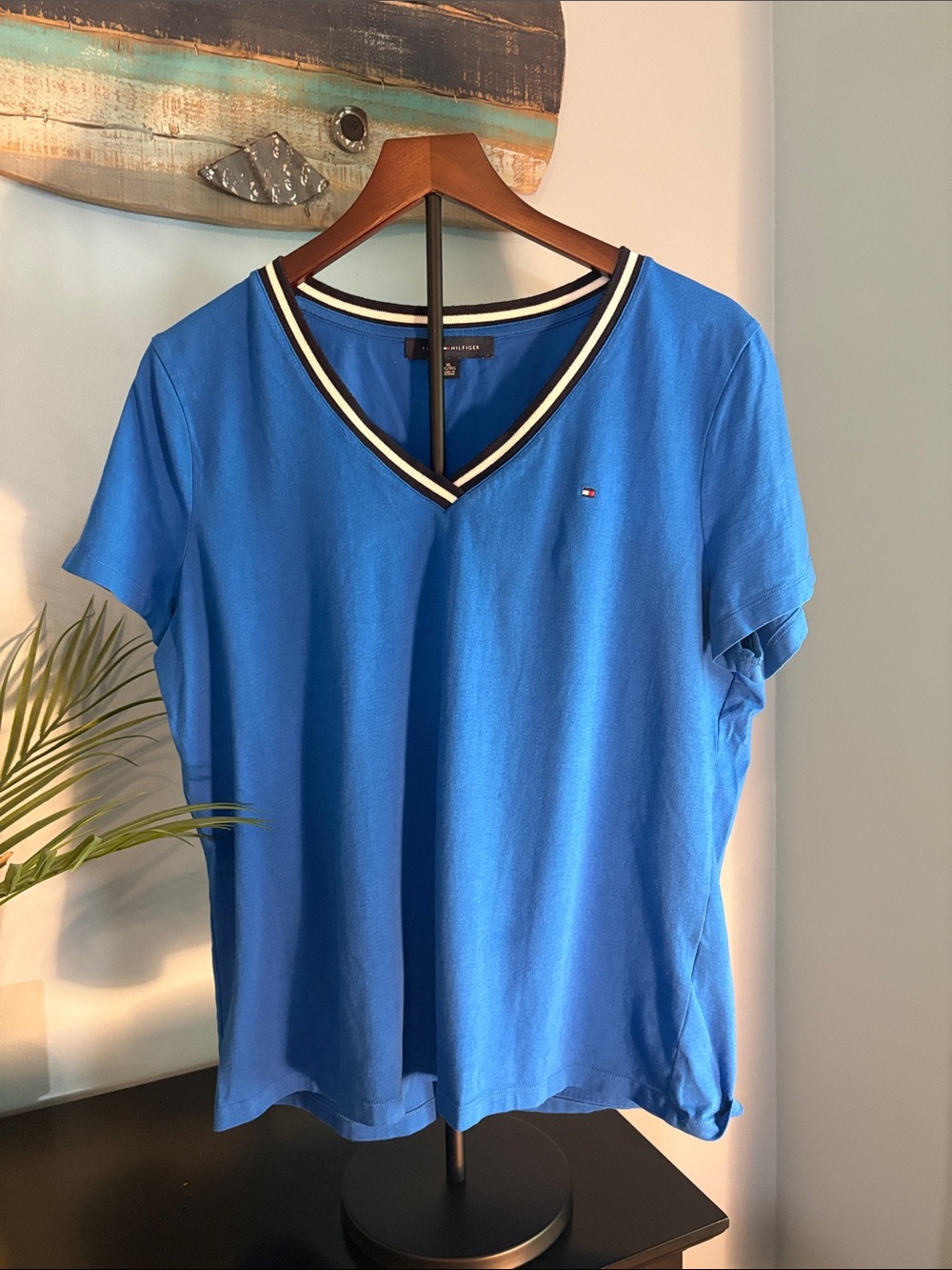 Tommy Hilfiger Royal Blue V-Neck Short Sleeve Top with Striped Trim